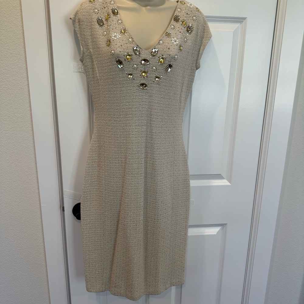 St. John Cream Mini Dress with Gold Embellishments